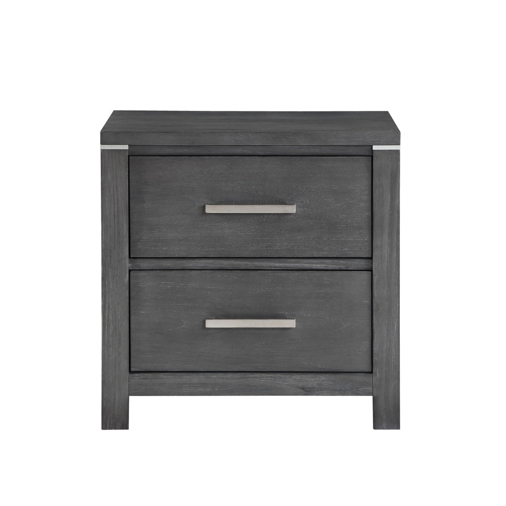 The Odessa Bedroom Collection embodies modern sophistication and luxurious comfort. Crafted with high-quality pine solids and Mindy Veneers, this collection showcases the perfect blend of durability and beauty. The charcoal gray finish with white hangup a