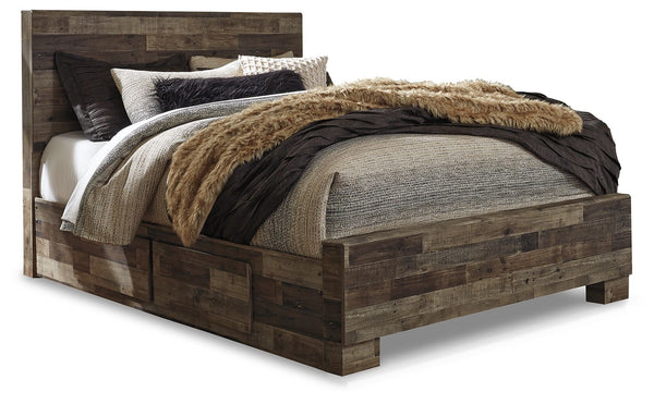 Modern yet hefty. This queen panel bed with storage makes an urban eclectic statement. Seasoned raw wood look merges with the clean lined design we love today. Muted rustic finish over replicated pine grain maintains its authenticity for a beauteous look.