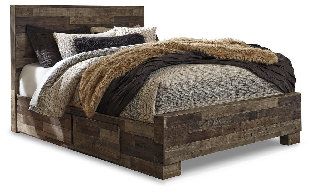 Modern yet hefty. This queen panel bed with storage makes an urban eclectic statement. Its seasoned raw wood look merges with the clean-lined design we love today. A muted rustic finish over replicated pine grain maintains its authenticity for a beauteous