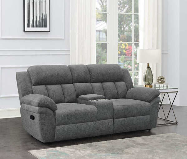  prioritizing comfort with this transitional reclining loveseat. Charcoal upholstery is smooth and soft