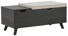 The clean profile of this small storage bench makes an entrance anywhere and everywhere you place it. Replicated blackened wood finish with a grayed textural grain and tapered wood legs lend a fresh flair. Adding form and function, both tops are removable