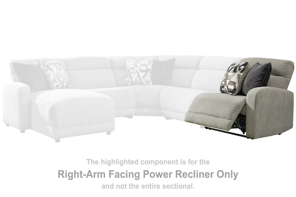 This right-arm facing power recliner is made with polyester upholstery. Pairs with other items in the series to make a sectional.<br><br><b>Additional Dimensions</b><br><ul><li>Distance between recliner and wall: 3-"</li><li>Fully reclined length: 65-"</l