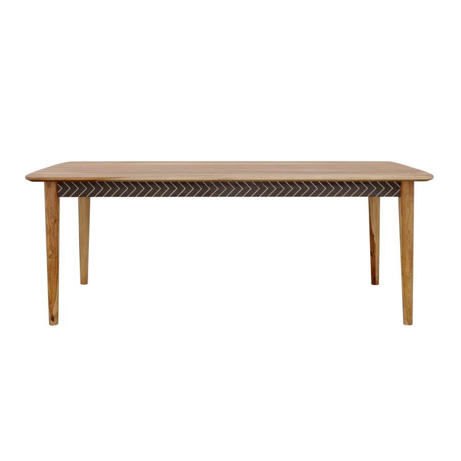 With a retro flair and minimal silhouette, this dining table makes a lovely furniture piece to a modern farmhouse style home. Made of solid sheesham wood and hand crafted, the table features a warm natural finish that complements many color palettes and l