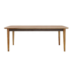 With a retro flair and minimal silhouette, this dining table makes a lovely furniture piece to a modern farmhouse style home. Made of solid sheesham wood and hand crafted, the table features a warm natural finish that complements many color palettes and l