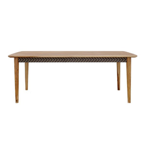 With a retro flair and minimal silhouette, this dining table makes a lovely furniture piece to a modern farmhouse style home. Made of solid sheesham wood and hand crafted, the table features a warm natural finish that complements many color palettes and l