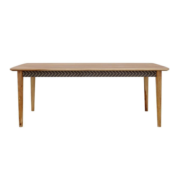 With a retro flair and minimal silhouette, this dining table makes a lovely furniture piece to a modern farmhouse style home. Made of solid sheesham wood and hand crafted, the table features a warm natural finish that complements many color palettes and l