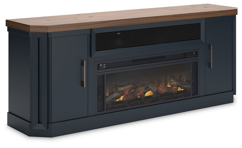 This TV stand combines casual contemporary design with modern appeal. Its combination of a thick-bodied wood-tone top with a slate blue cabinet is a smart choice on so many levels. Stow away electronics in the roomy cabinets, and use the upper shelf to co