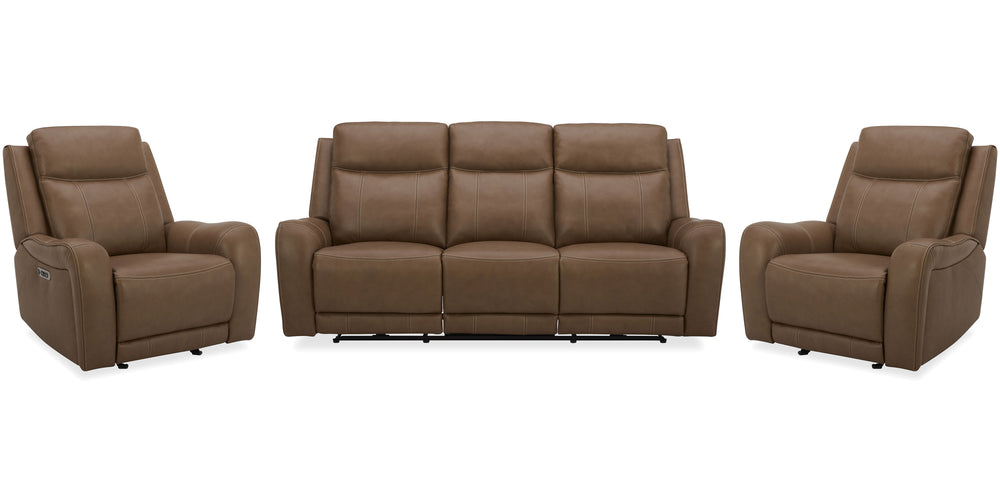 Covered in rich Butternut leather with a custom match, the Haywood Power Sofa Group offers the ultra comfortable feel of classic motion upholstery with updated modern touches. Bold padded contoured arms add an element of softness while the contrasting dec