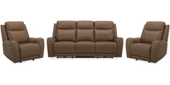 Covered in rich Butternut leather with a custom match, the Haywood Power Sofa Group offers the ultra comfortable feel of classic motion upholstery with updated modern touches. Bold padded contoured arms add an element of softness while the contrasting dec