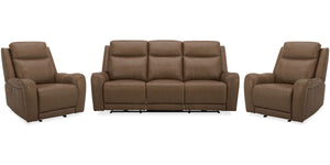 Covered in rich Butternut leather with a custom match, the Haywood Power Sofa Group offers the ultra comfortable feel of classic motion upholstery with updated modern touches. Bold padded contoured arms add an element of softness while the contrasting dec