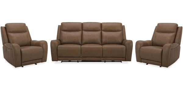 Covered in rich Butternut leather with a custom match, the Haywood Power Sofa Group offers the ultra comfortable feel of classic motion upholstery with updated modern touches. Bold padded contoured arms add an element of softness while the contrasting dec