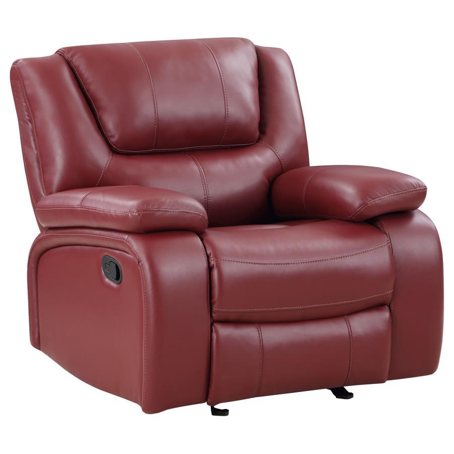 An extra-wide design makes seating what itâ€™s supposed to be as this elegant padded glider recliner provides supreme comfort. Kick back to watch sports, movies, or to read, enjoying a smooth red leatherette upholstered glider with plump cushioning in str