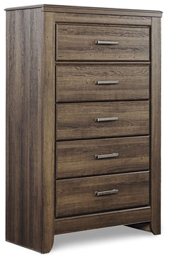 Get the look of posh barn wood without setting foot in a salvage yard. Replicated rough-sawn oak of this chest of drawers has a vintage finish that is reminiscent of a timeworn family heirloom. Warm, rustic and naturally beautiful, itâ€™s just got that ag