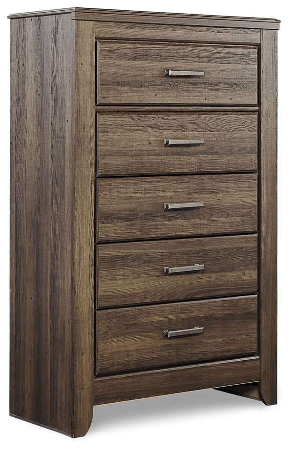 Get the look of posh barn wood without setting foot in a salvage yard. Replicated rough-sawn oak of this chest of drawers has a vintage finish that is reminiscent of a timeworn family heirloom. Warm, rustic and naturally beautiful, itâ€™s just got that ag