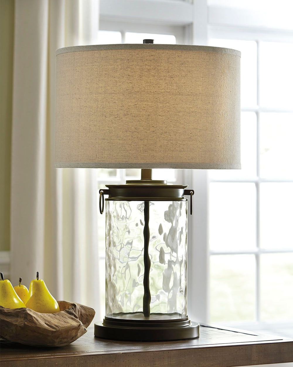 Light waves ahead. Wowing with a clear wave glass design, this table lamp is delightfully chic and unique. Classic drum shade is perfectly in tune with cylinder shape base.<br><br><b>Additional Dimensions</b><br><ul><li>Shade: 0-"</li><li>Base: 0-"</li><l