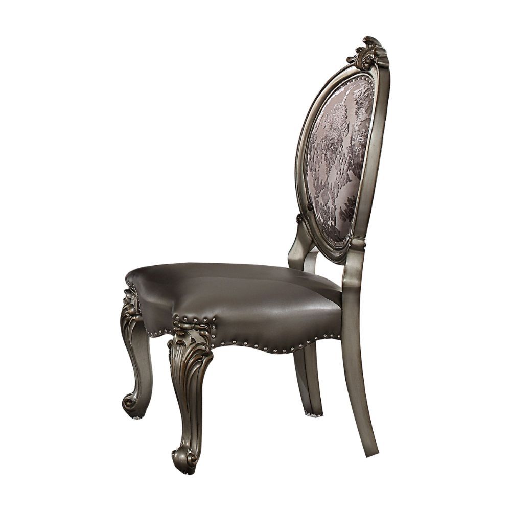 KD, Armless Chair Padded SEAT & BACK Cushion, Nailhead Trim BACKREST (Oval): Leaf Crown Motif, Floral Fabric Inside and Silver PU Outside SEAT: Silver PU & Scalloped Apron Wooden Cabriole Legs w/Scrolled Motifs (Poly Resin with Antique Contrast Finish)<br