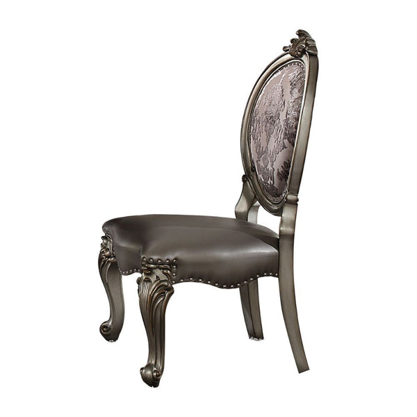 KD, Armless Chair Padded SEAT & BACK Cushion, Nailhead Trim BACKREST (Oval): Leaf Crown Motif, Floral Fabric Inside and Silver PU Outside SEAT: Silver PU & Scalloped Apron Wooden Cabriole Legs w/Scrolled Motifs (Poly Resin with Antique Contrast Finish)<br