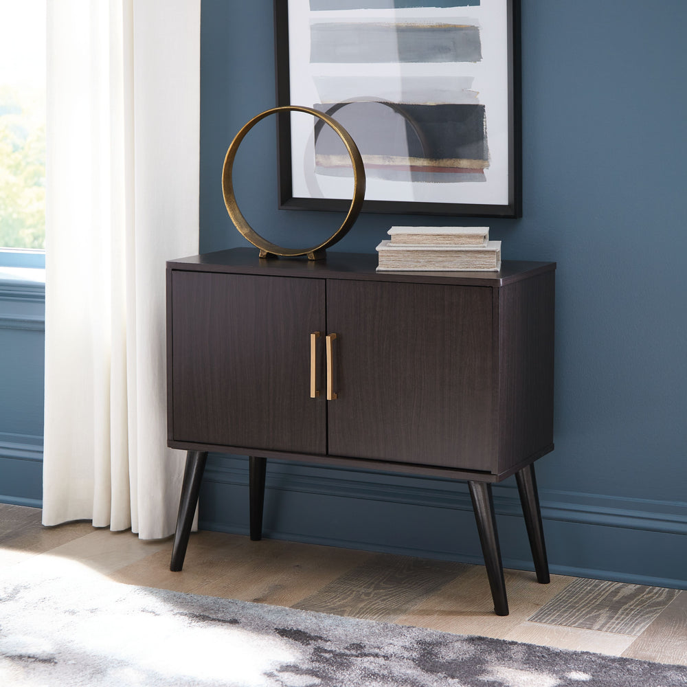 Open the door to clean-lined form and functionality with this accent cabinet. Its rich dark brown finish is enhanced with goldtone door pulls. Adjustable shelf caters to your needs.<br><br><b>Additional Dimensions</b><br><ul><li>Door opening: 0-"</li><li>