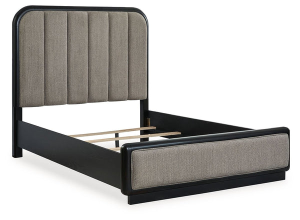 Rowanbeck - Gray / Black - Queen Upholstered Panel Bed