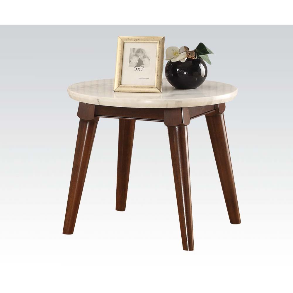 KD, Round End Table (NO Storage) â€¢ Marble Top: White â€¢ Wooden Tapered Leg: Walnut Finish â€¢<br/><br/><b>Product Features</b><ul><li>Round Leg Tables</li><li>White Marble Top</li><li>Wooden Tapered Leg</li><li>Gasha Collection: 72820 Dining, 82890 Occ