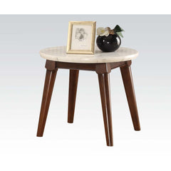 KD, Round End Table (NO Storage) â€¢ Marble Top: White â€¢ Wooden Tapered Leg: Walnut Finish â€¢<br/><br/><b>Product Features</b><ul><li>Round Leg Tables</li><li>White Marble Top</li><li>Wooden Tapered Leg</li><li>Gasha Collection: 72820 Dining, 82890 Occ