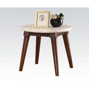 KD, Round End Table (NO Storage) â€¢ Marble Top: White â€¢ Wooden Tapered Leg: Walnut Finish â€¢<br/><br/><b>Product Features</b><ul><li>Round Leg Tables</li><li>White Marble Top</li><li>Wooden Tapered Leg</li><li>Gasha Collection: 72820 Dining, 82890 Occ