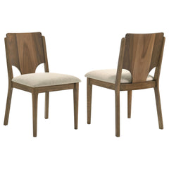 Settle into the stylish comfort of a set of two modern dining chairs. Each boasts an armless profile that offers a charming wood back and a foam-padded seat. The chairs feature a walnut wood finish that adds inviting richness to your dining table, while b