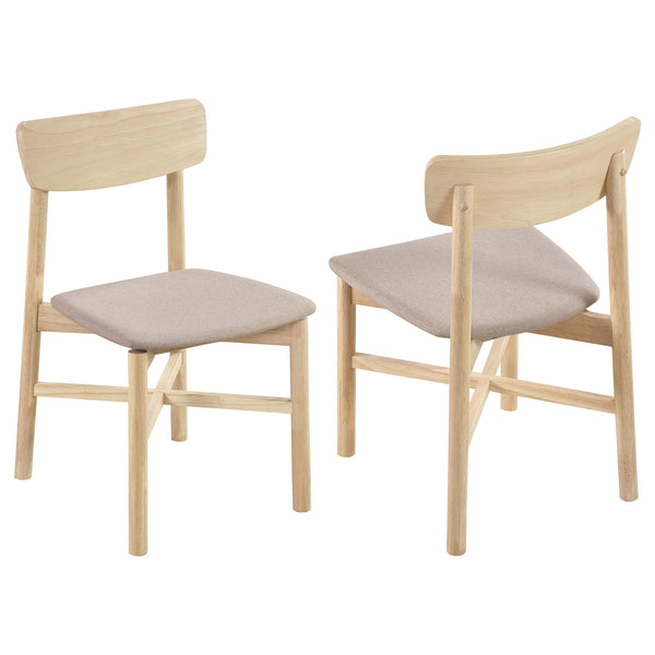 Bring a touch of simplicity and comfort to your dining space with this stylish chair. Designed with a minimalist appeal, the chair is crafted from a mix of solid wood and engineered wood for both durability and a natural aesthetic. The tan fabric upholste