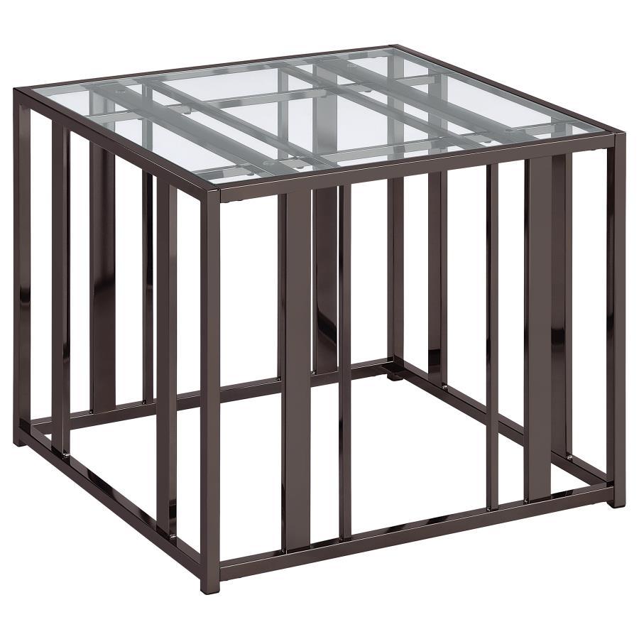 This modern side table features a tempered glass top paired with a geometric base in heavy-gauge metal with a sleek black nickel electroplated finish. The open design offers a contemporary aesthetic, blending elegance with durability. Perfect for displayi