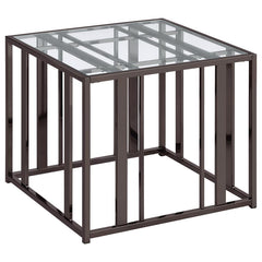 This modern side table features a tempered glass top paired with a geometric base in heavy-gauge metal with a sleek black nickel electroplated finish. The open design offers a contemporary aesthetic, blending elegance with durability. Perfect for displayi
