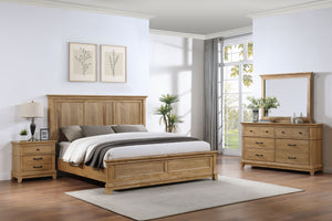 The Sunstone 4 Piece Wood Bedroom Set in Honey Brown features durable, quality construction with a Panel Bed, dresser, mirror, and nightstand. Crafted from solid rubberwood, manufactured woods, and hickory wood veneers, this set ensures a strong and stabl