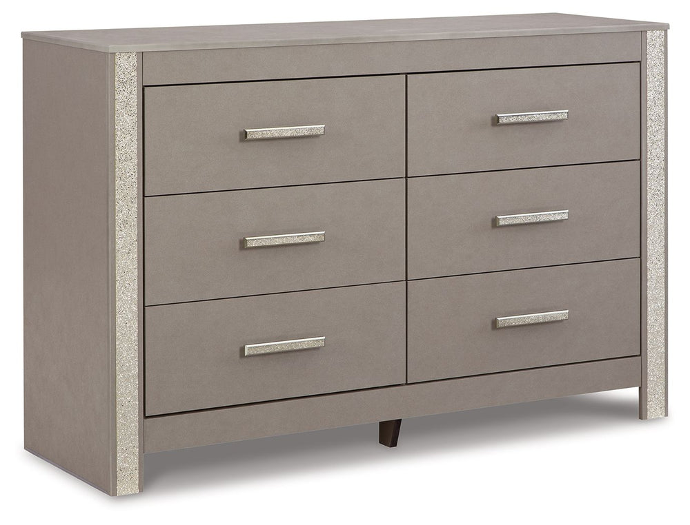 Love sleek and bold contemporary style? Drink in the beauty of this dresser. Its eye-catching details include glam glitter accents and the look of leather grain with a subtle gray finish. Large-scale linear handles, in a sophisticated champagne chrome ton