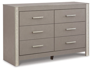 Love sleek and bold contemporary style? Drink in the beauty of this dresser. Its eye-catching details include glam glitter accents and the look of leather grain with a subtle gray finish. Large-scale linear handles, in a sophisticated champagne chrome ton