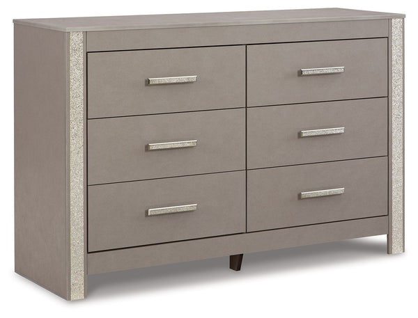 Love sleek and bold contemporary style? Drink in the beauty of this dresser. Its eye-catching details include glam glitter accents and the look of leather grain with a subtle gray finish. Large-scale linear handles, in a sophisticated champagne chrome ton