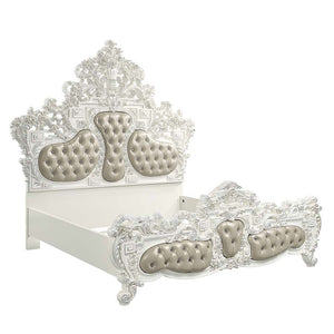Luxurious style, sophisticated charm, and lustrous finishes are all included in the Vanaheim Bedroom Collection. Extravagant scroll floral design with gold trim accent creates classic appeal and timeless silhouettes. Button tufted headboard and footboard 