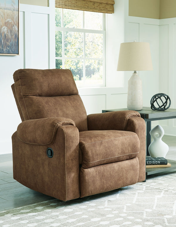  contemporary bustle back and contrast stitching team up for a big win with most any color scheme and room decor. With the pull tab reclining motion