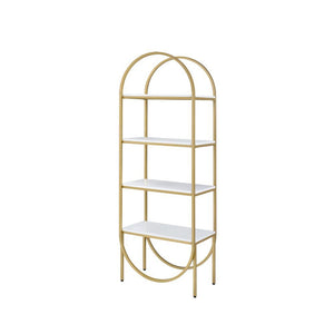  Fixed) Orientation: Freestanding (Wall Tall) Wooden Shelves: White High Gloss Metal Frame: Champagne Finish (Back Open) CONSTRUCTION] Wooden Shelves: High Gloss
