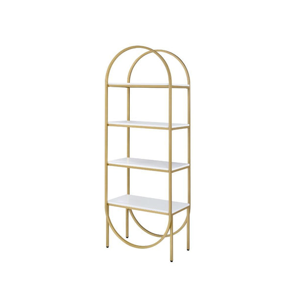  Fixed) Orientation: Freestanding (Wall Tall) Wooden Shelves: White High Gloss Metal Frame: Champagne Finish (Back Open) CONSTRUCTION] Wooden Shelves: High Gloss