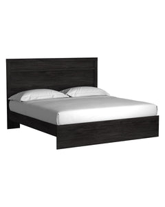 With its clean-lined look and modern attitude, this king panel bed is a fresh style awakening. Warm charcoal hue over replicated oak grain easily complements other furniture finishes. Simple, unadorned profile is given depth and dimension with the additio