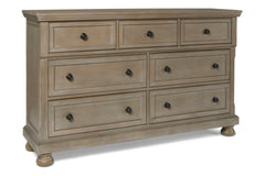 The Allegra 7 Drawer Dresser in a sophisticated pale pewter finish combines durability, style, and thoughtful storage solutions, making it an essential addition to any bedroom. Expertly crafted from solid Mindi wood, engineered woods, and wood veneers, th