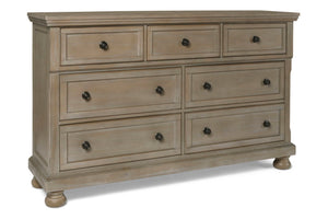 The Allegra 7 Drawer Dresser in a sophisticated pale pewter finish combines durability, style, and thoughtful storage solutions, making it an essential addition to any bedroom. Expertly crafted from solid Mindi wood, engineered woods, and wood veneers, th