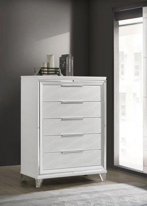  featuring a modern Italian design. The white finish and picture framed recessed panels with embossed herringbone graphic patterns create a sophisticated look. Accented with mirror framing