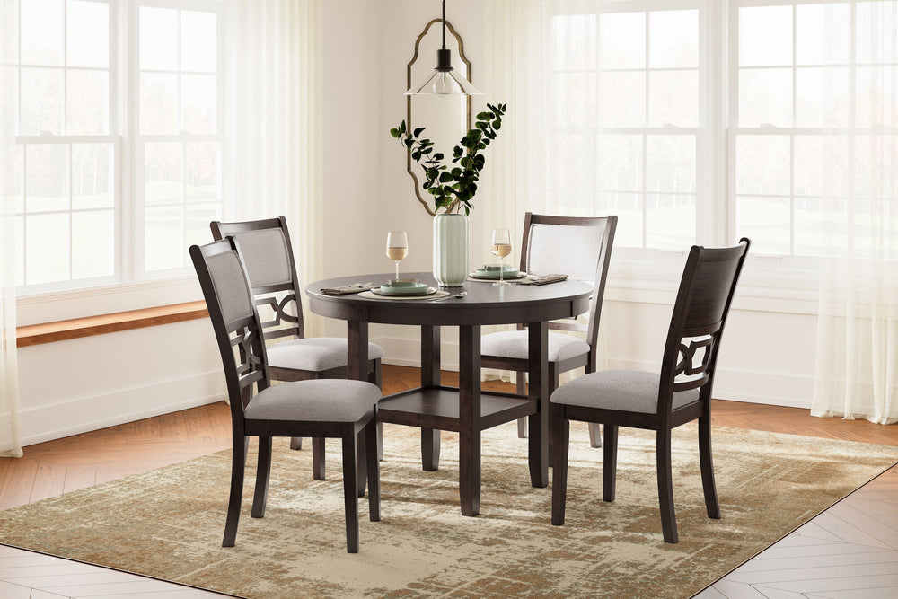 Canâ€™t decide between classic and contemporary? Embrace the beauty of transitional style with this casually sophisticated dining table and chairs. The clean-lined profile and traditional cherry finish merge with contrasting upholstery to create a timeles