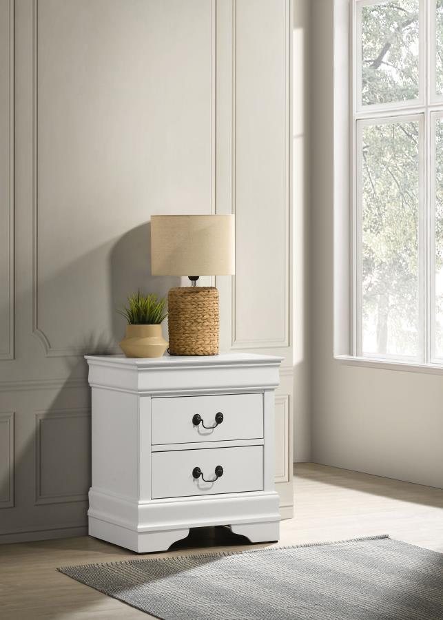 Add easy storage to your bedside with a stylish transitional two-drawer nightstand. In white, it-'s a versatile choice that complements a wide range of beds, linens, and surrounding decor. The nightstand offers a spacious top for a reading lamp and your p