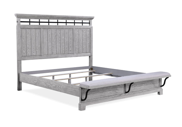 featuring a soft greige finish that highlights the natural wood grain. The sturdy bed stands as the centerpiece with its robust headboard and inviting design
