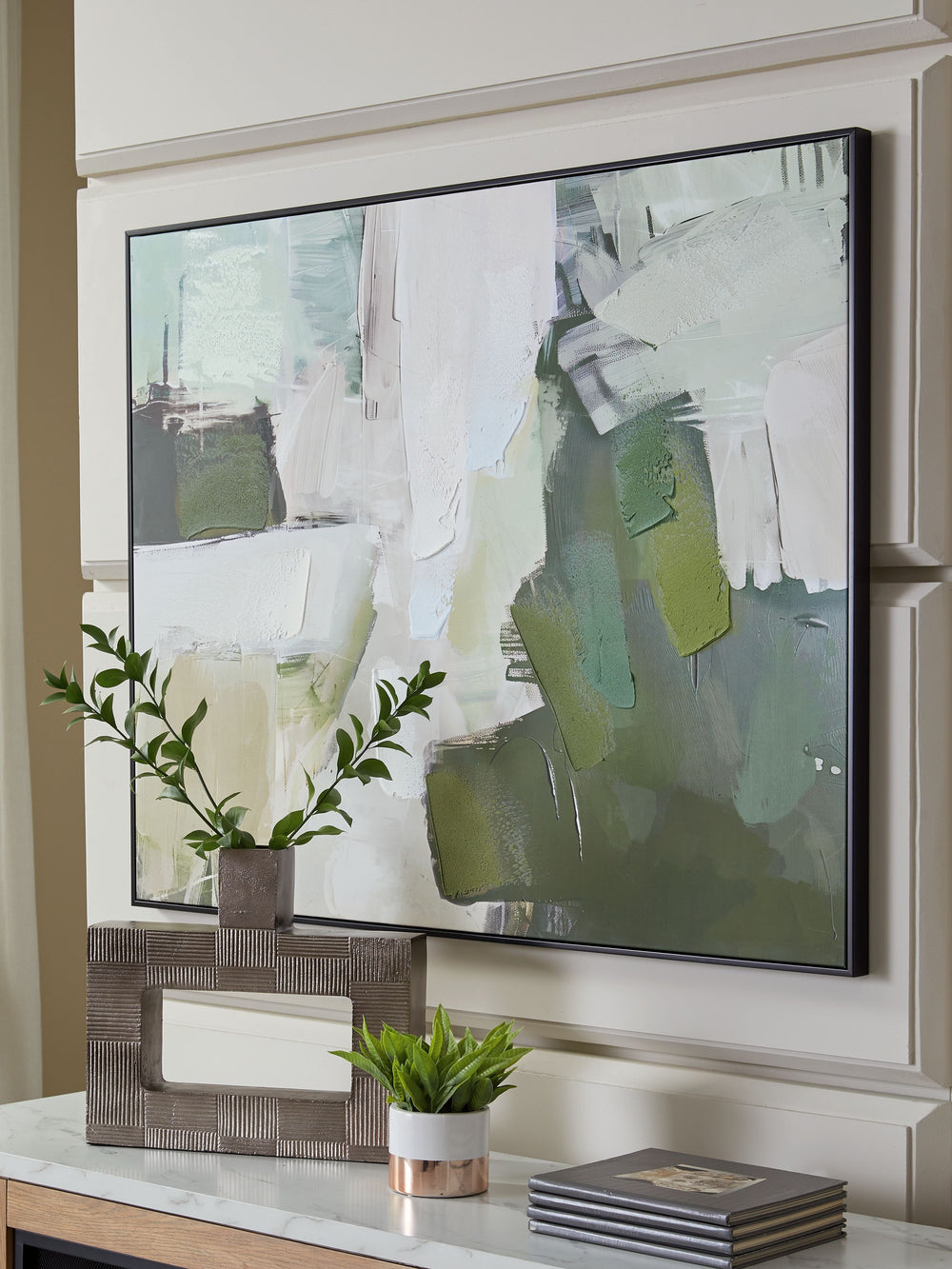 Looking to add a bold, modern statement to your wall? With an arresting abstract design in shades of green, gray and white, this wall art pairs perfectly with a range of contemporary styles. And the piece can hang four different ways, allowing you to easi