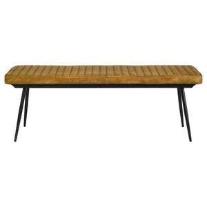  the padded seat with vertical tufting offers both comfort and durability. The sleek black metal base