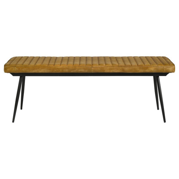  the padded seat with vertical tufting offers both comfort and durability. The sleek black metal base