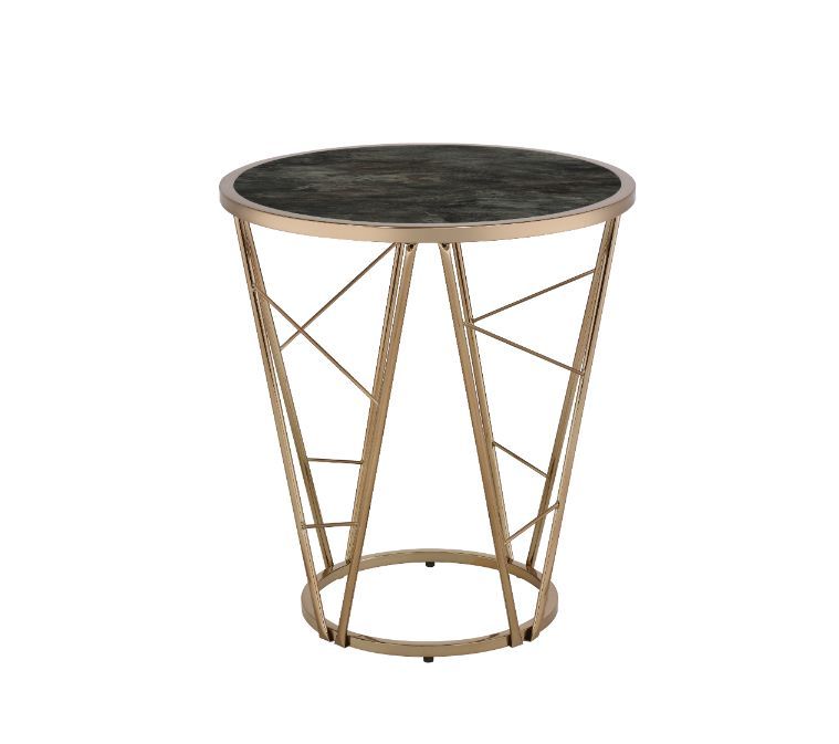 â€¢Round End Tableâ€¢Metal Cone Baseâ€¢16mm Metal Tube â€¢Table Top Thickness: 5mmâ€¢Tempered Glass Top<br/><br/><b>Product Features</b><ul><li>Case: 1Pc/1Ctn</li><li>Finish: Faux Black Marble Glass & Champagne Finish</li><li>Style: Contemporary</li><li>M
