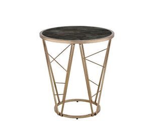 â€¢Round End Tableâ€¢Metal Cone Baseâ€¢16mm Metal Tube â€¢Table Top Thickness: 5mmâ€¢Tempered Glass Top<br/><br/><b>Product Features</b><ul><li>Case: 1Pc/1Ctn</li><li>Finish: Faux Black Marble Glass & Champagne Finish</li><li>Style: Contemporary</li><li>M